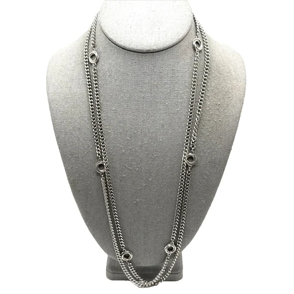 Vintage 70s MONET Silver Tone Station Chain Necklace Double Ring Long Curb 55”
